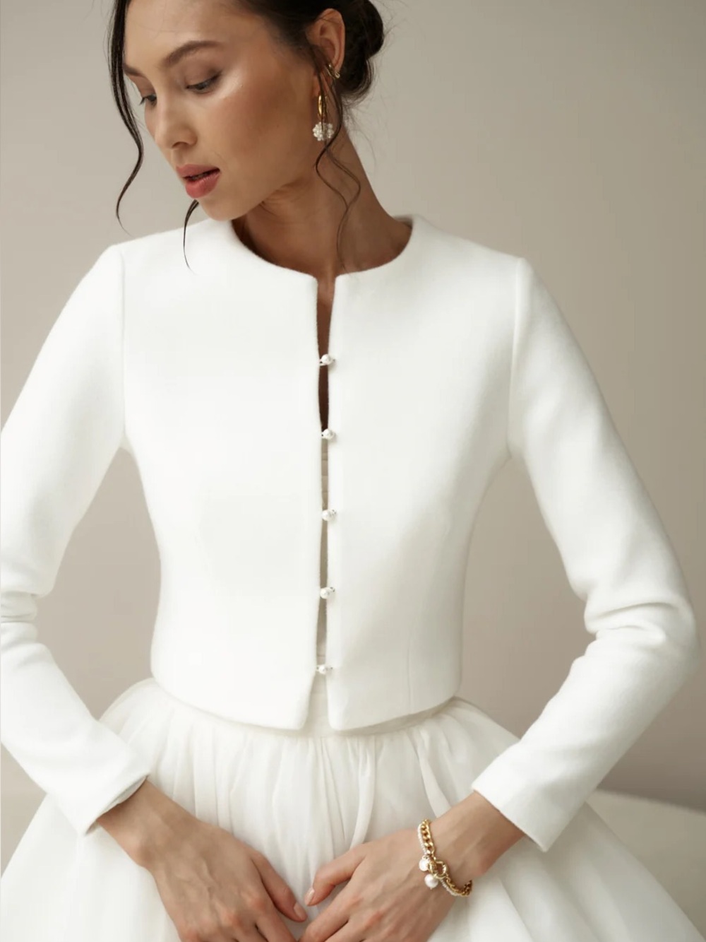 Artpodium Bridal Jacket Classic Style Pearl Buttons Cashmere Wool Size 6 - Picture 3 of 8